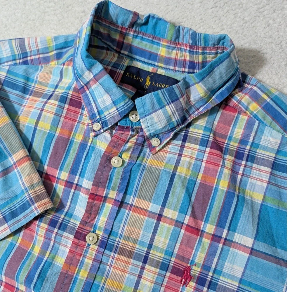 Ralph Lauren Plaid‎ Button Down Boys L Blue Multi Short Sleeve Pony Logo